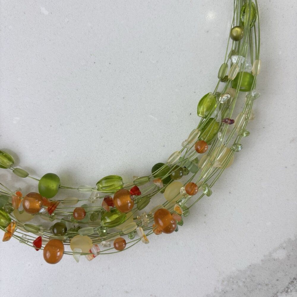 VTG Coldwater Creek Multi-Strand Green Orange Stone Glass Beaded Necklace Artsy - Picture 4 of 10